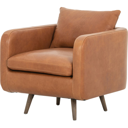 Kaya Swivel Chair by Four Hands in haven tobacco. Made from top grain leather, solid parawood, 100% polyester in a modern style.