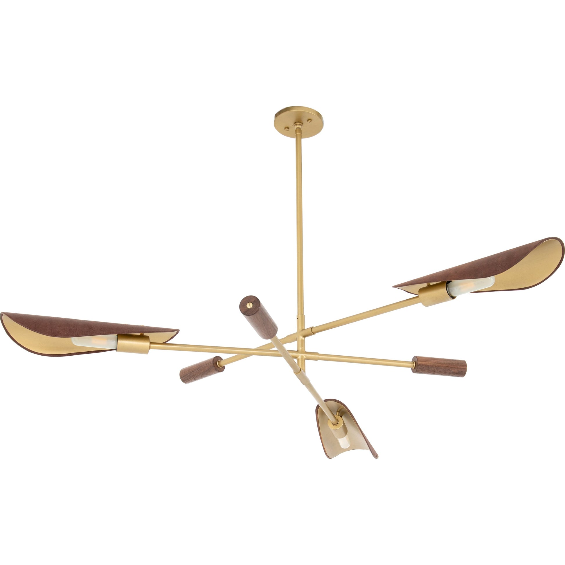 Astrid Chandelier by Four Hands in antique brass, dark walnut, dark brown leather. Made from iron, top grain leather in a modern style.