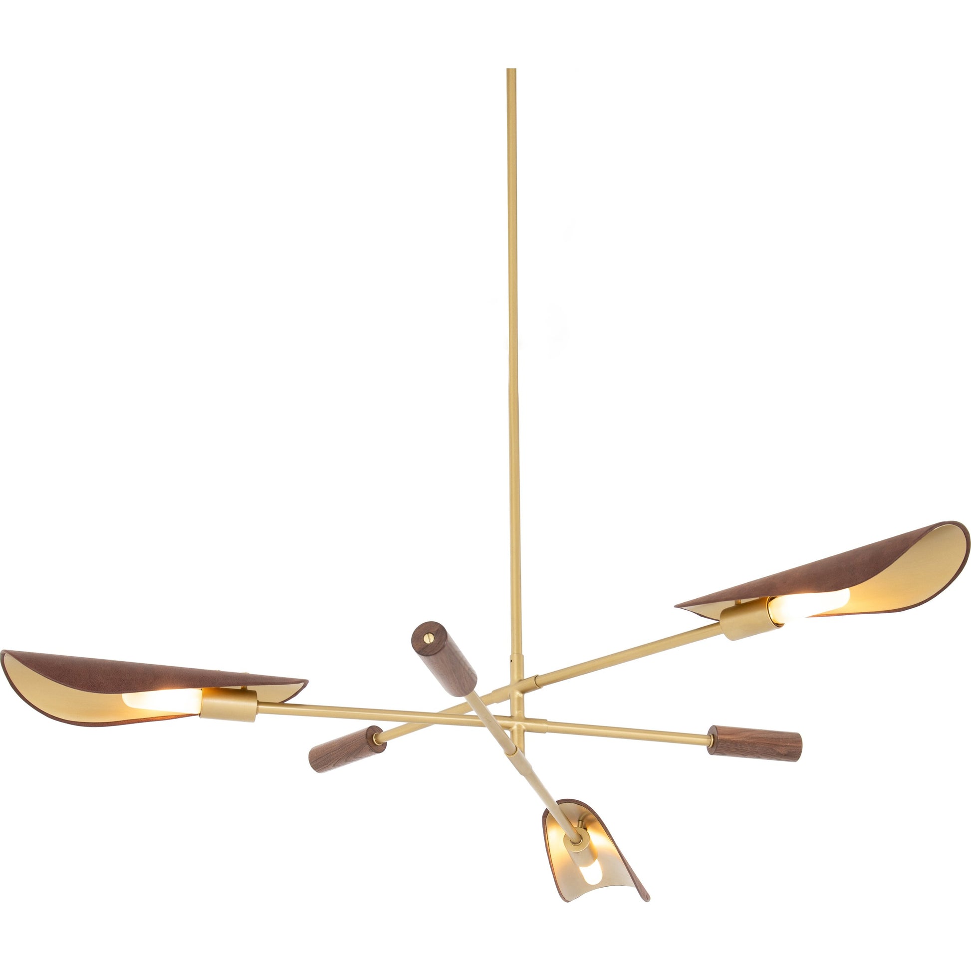 Astrid Chandelier by Four Hands in antique brass, dark walnut, dark brown leather. Made from iron, top grain leather in a modern style.