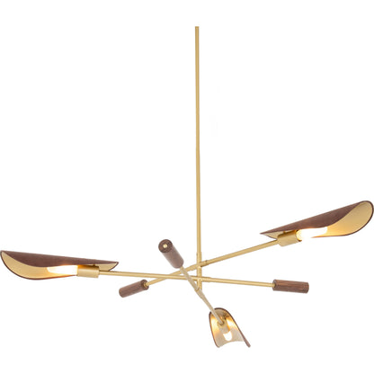 Astrid Chandelier by Four Hands in antique brass, dark walnut, dark brown leather. Made from iron, top grain leather in a modern style.