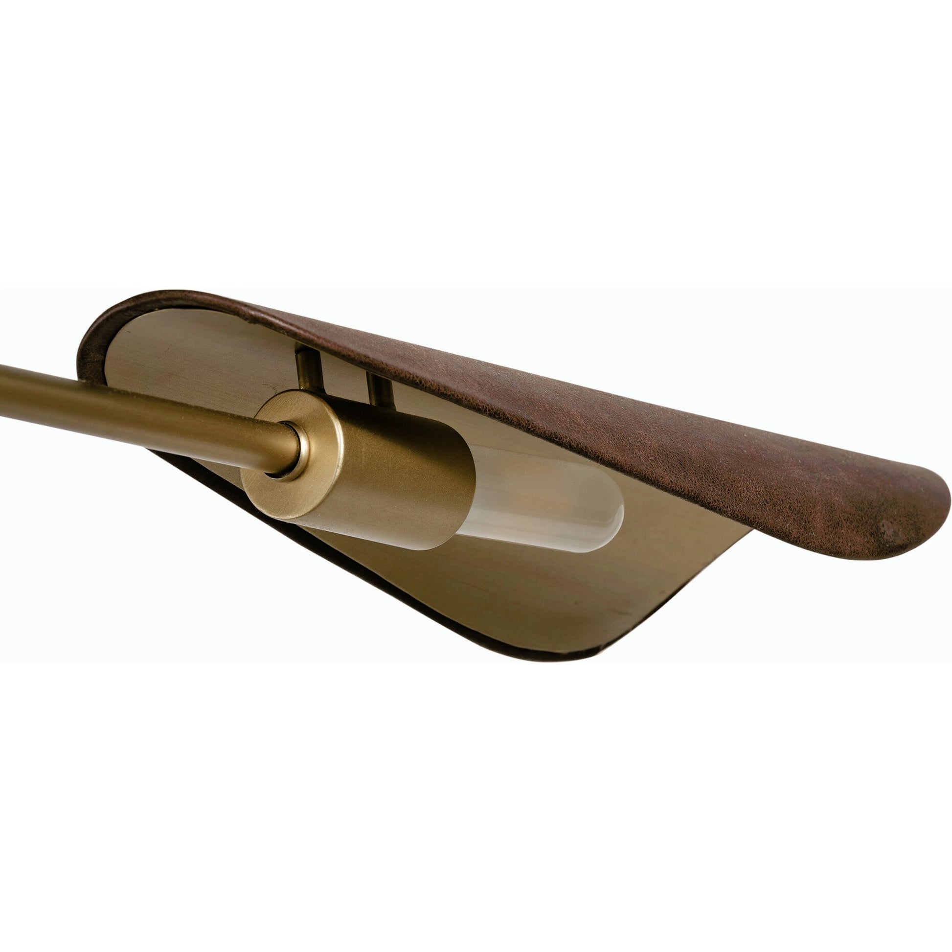 Astrid Chandelier by Four Hands in antique brass, dark walnut, dark brown leather. Made from iron, top grain leather in a modern style.