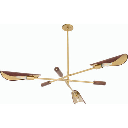 Astrid Chandelier by Four Hands in antique brass, dark walnut, dark brown leather. Made from iron, top grain leather in a modern style.