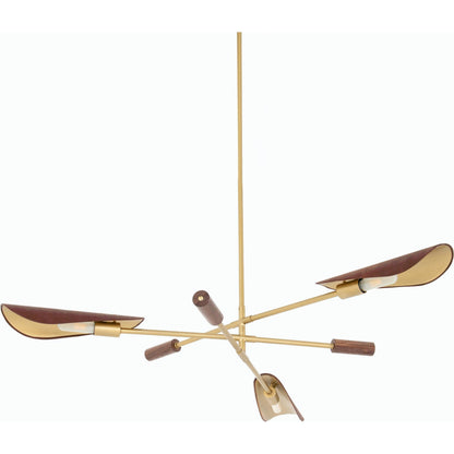 Astrid Chandelier by Four Hands in antique brass, dark walnut, dark brown leather. Made from iron, top grain leather in a modern style.