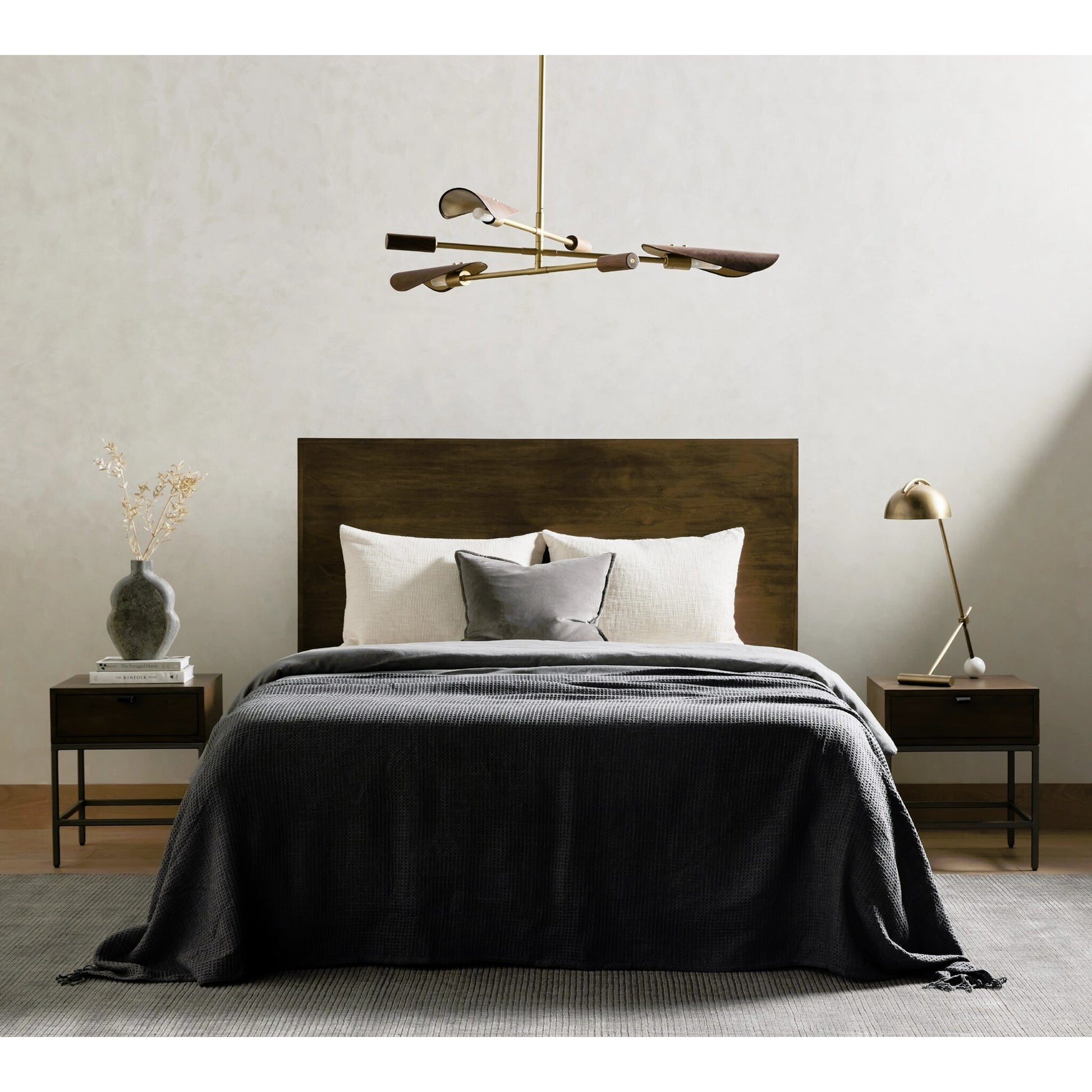 Astrid Chandelier by Four Hands in antique brass, dark walnut, dark brown leather. Made from iron, top grain leather in a modern style.