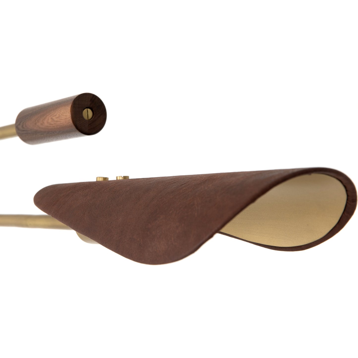 003 SI-1902231 | Closeup | Astrid Chandelier by Four Hands in antique brass, dark walnut, dark brown leather. Made from iron, top grain leather in a modern style.