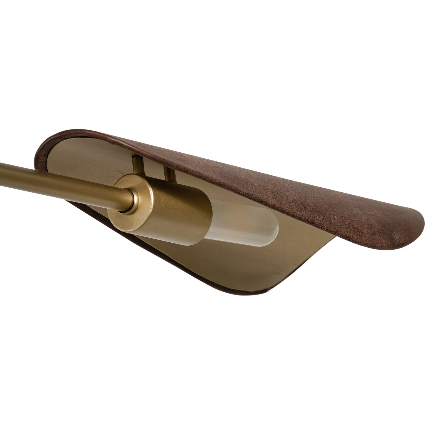 008 SI-1902231 | Closeup | Astrid Chandelier by Four Hands in antique brass, dark walnut, dark brown leather. Made from iron, top grain leather in a modern style.