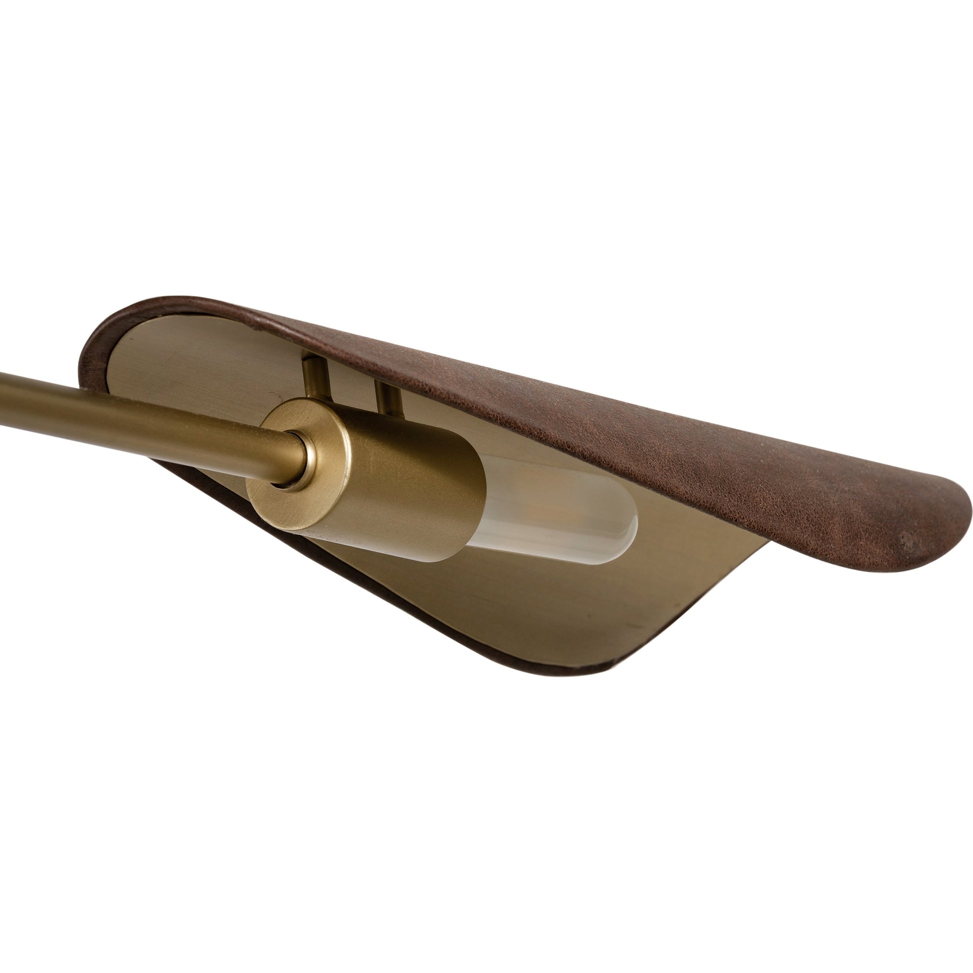 Astrid Chandelier by Four Hands in antique brass, dark walnut, dark brown leather. Made from iron, top grain leather in a modern style.