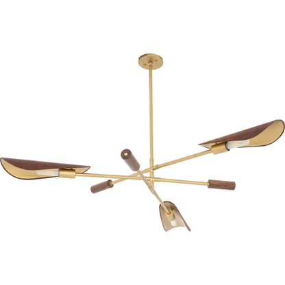 Astrid Chandelier by Four Hands in antique brass, dark walnut, dark brown leather. Made from iron, top grain leather in a modern style.