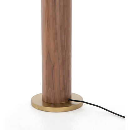 Astrid Floor Lamp by Four Hands in antique brass, dark walnut, dark brown leather. Made from walnut veneer, top grain leather, iron in a modern style.