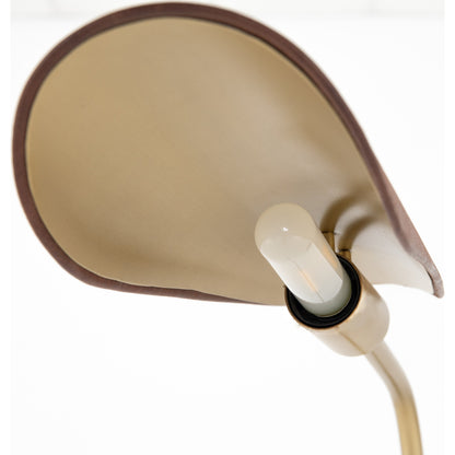 Astrid Floor Lamp by Four Hands in antique brass, dark walnut, dark brown leather. Made from walnut veneer, top grain leather, iron in a modern style.