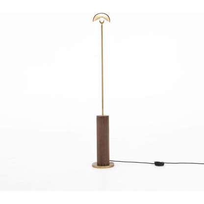 Astrid Floor Lamp by Four Hands in antique brass, dark walnut, dark brown leather. Made from walnut veneer, top grain leather, iron in a modern style.