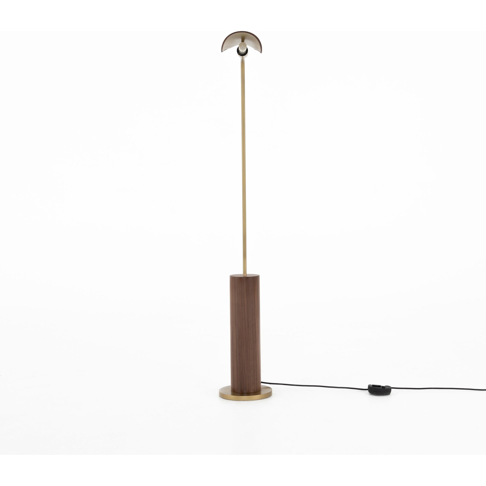 Astrid Floor Lamp by Four Hands in antique brass, dark walnut, dark brown leather. Made from walnut veneer, top grain leather, iron in a modern style.