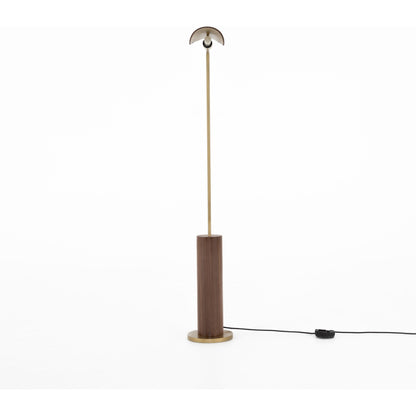 Astrid Floor Lamp by Four Hands in antique brass, dark walnut, dark brown leather. Made from walnut veneer, top grain leather, iron in a modern style.