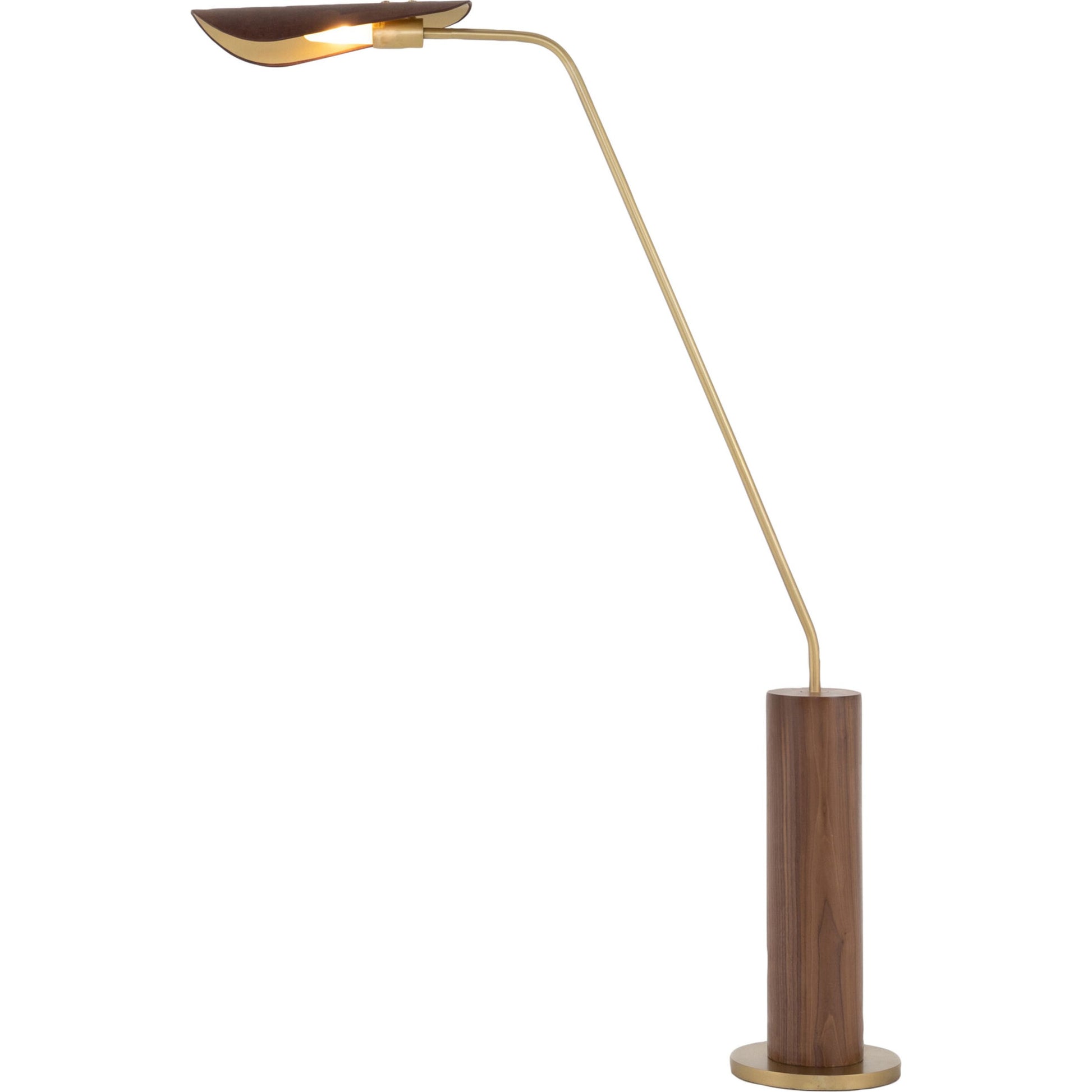 Astrid Floor Lamp by Four Hands in antique brass, dark walnut, dark brown leather. Made from walnut veneer, top grain leather, iron in a modern style.