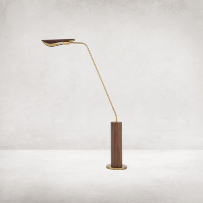 Astrid Floor Lamp by Four Hands in antique brass, dark walnut, dark brown leather. Made from walnut veneer, top grain leather, iron in a modern style.
