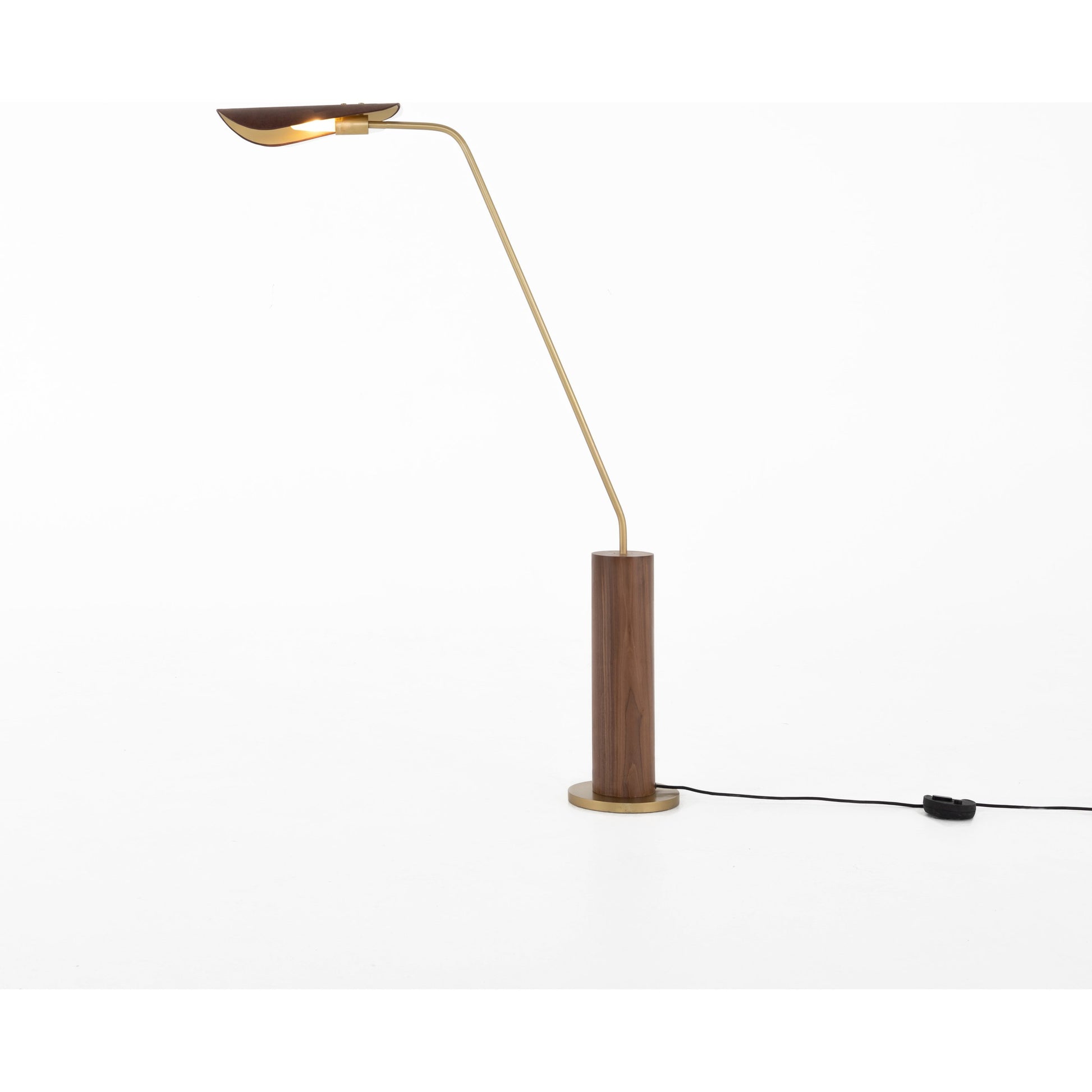 Astrid Floor Lamp by Four Hands in antique brass, dark walnut, dark brown leather. Made from walnut veneer, top grain leather, iron in a modern style.
