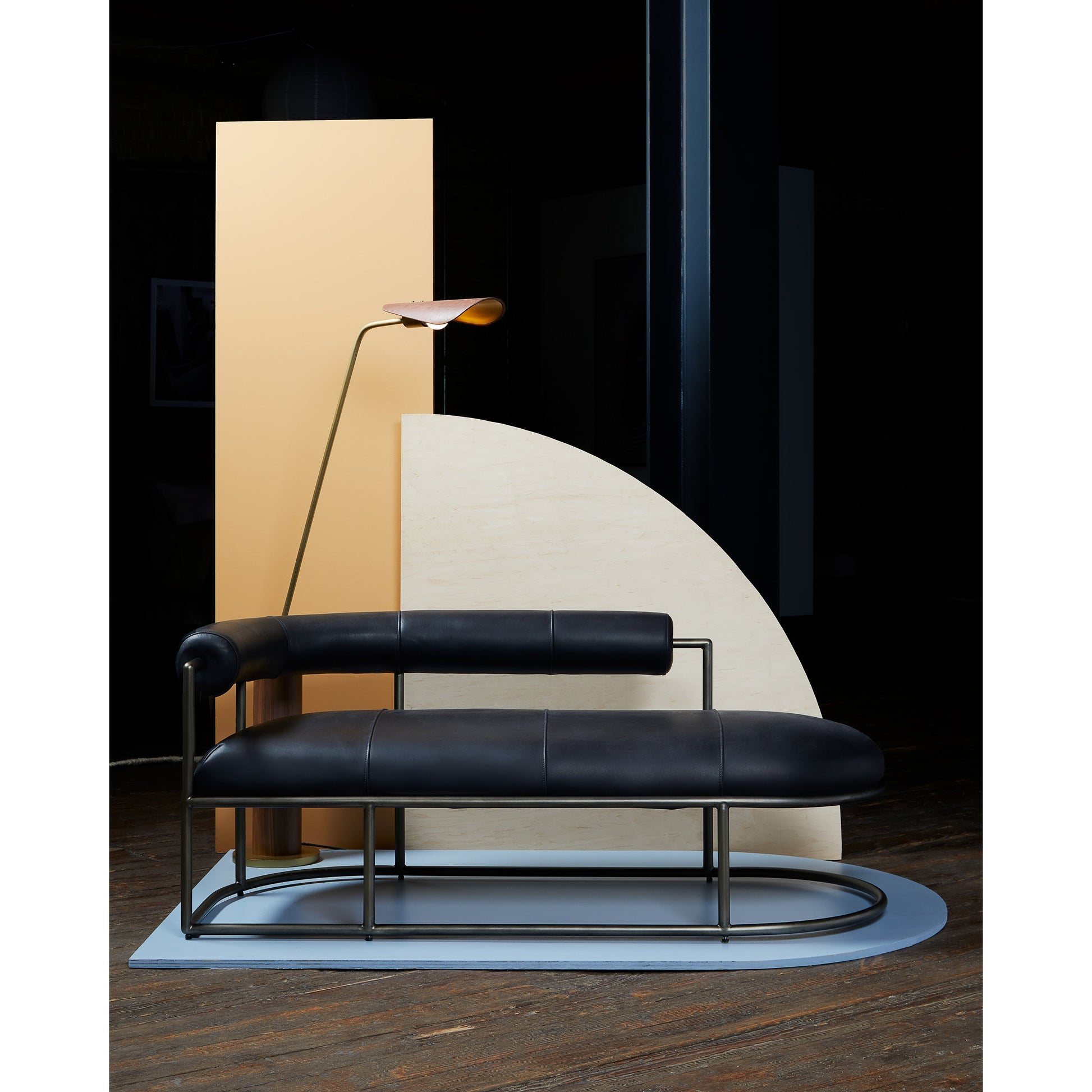 Astrid Floor Lamp by Four Hands in antique brass, dark walnut, dark brown leather. Made from walnut veneer, top grain leather, iron in a modern style.