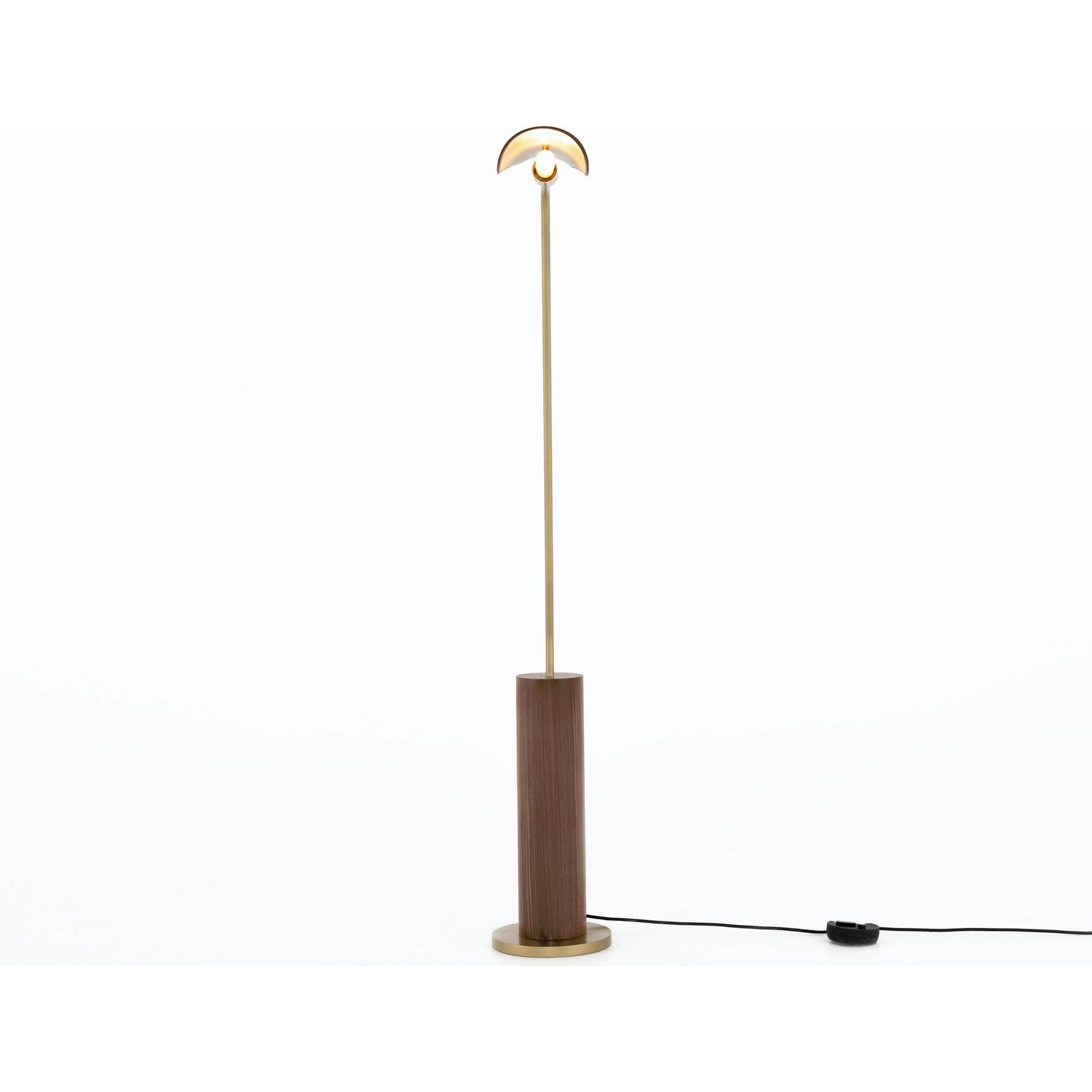 Astrid Floor Lamp by Four Hands in antique brass, dark walnut, dark brown leather. Made from walnut veneer, top grain leather, iron in a modern style.