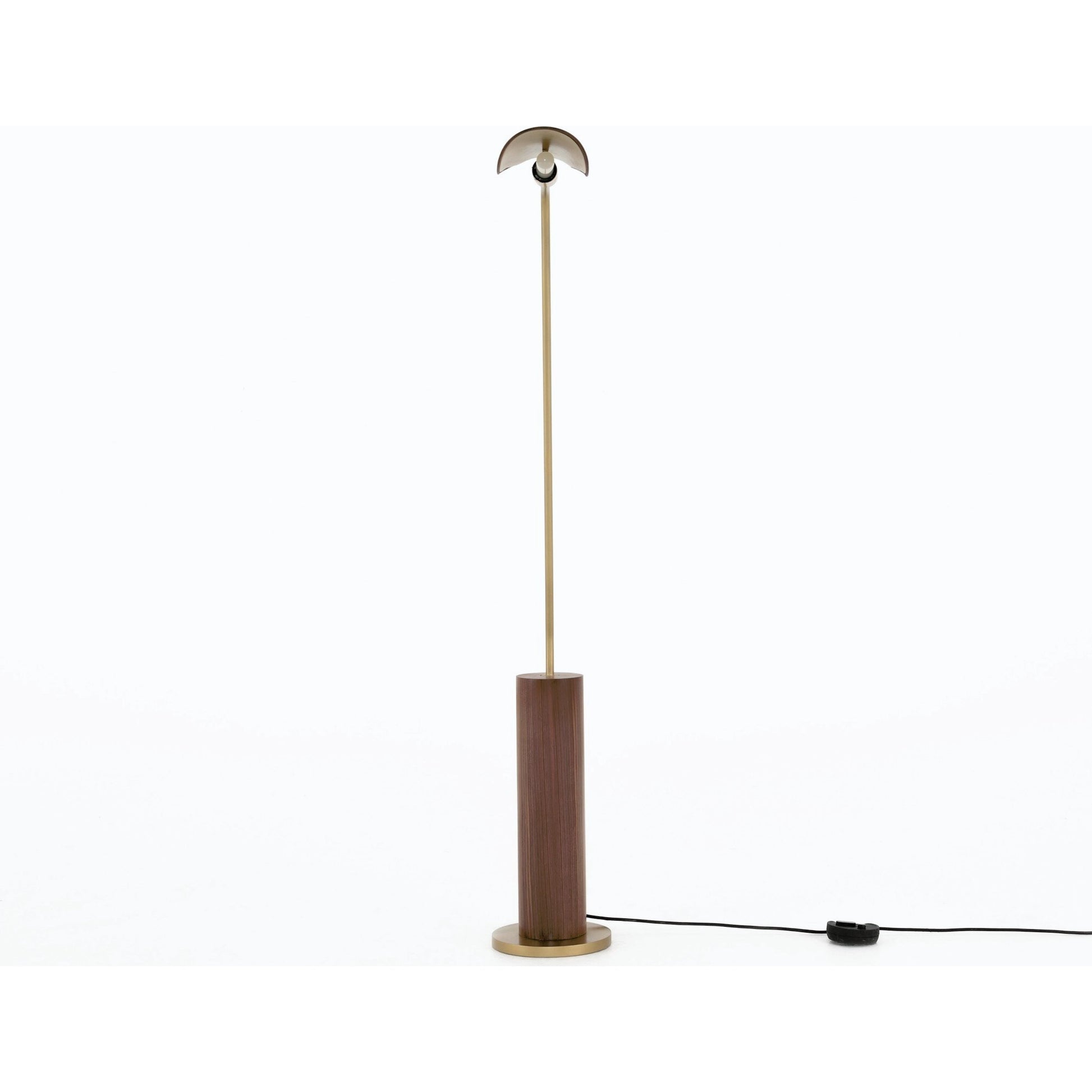 Astrid Floor Lamp by Four Hands in antique brass, dark walnut, dark brown leather. Made from walnut veneer, top grain leather, iron in a modern style.