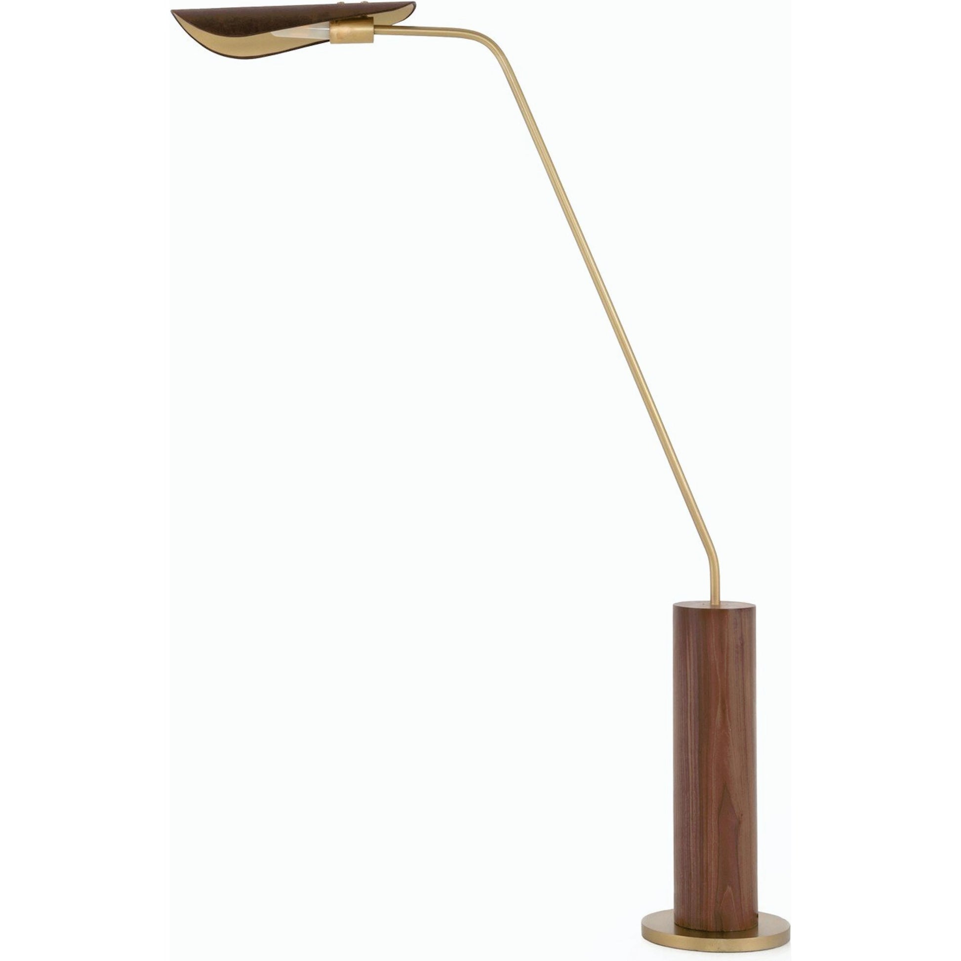 Astrid Floor Lamp by Four Hands in antique brass, dark walnut, dark brown leather. Made from walnut veneer, top grain leather, iron in a modern style.