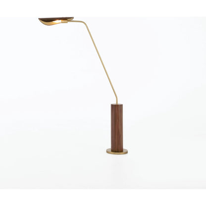 Astrid Floor Lamp by Four Hands in antique brass, dark walnut, dark brown leather. Made from walnut veneer, top grain leather, iron in a modern style.