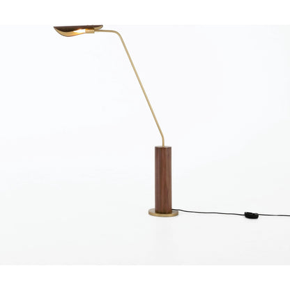 Astrid Floor Lamp by Four Hands in antique brass, dark walnut, dark brown leather. Made from walnut veneer, top grain leather, iron in a modern style.
