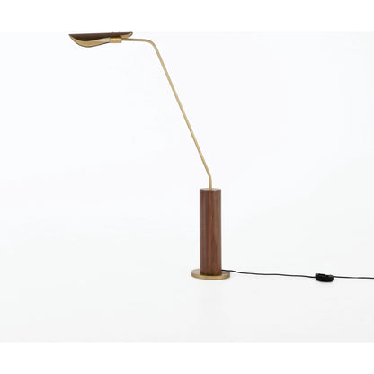 Astrid Floor Lamp by Four Hands in antique brass, dark walnut, dark brown leather. Made from walnut veneer, top grain leather, iron in a modern style.