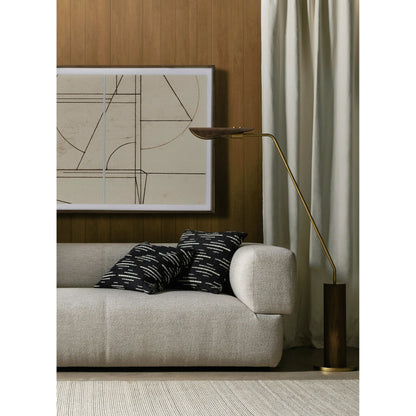 Astrid Floor Lamp by Four Hands in antique brass, dark walnut, dark brown leather. Made from walnut veneer, top grain leather, iron in a modern style.