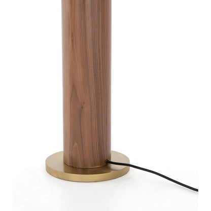 Astrid Floor Lamp by Four Hands in antique brass, dark walnut, dark brown leather. Made from walnut veneer, top grain leather, iron in a modern style.