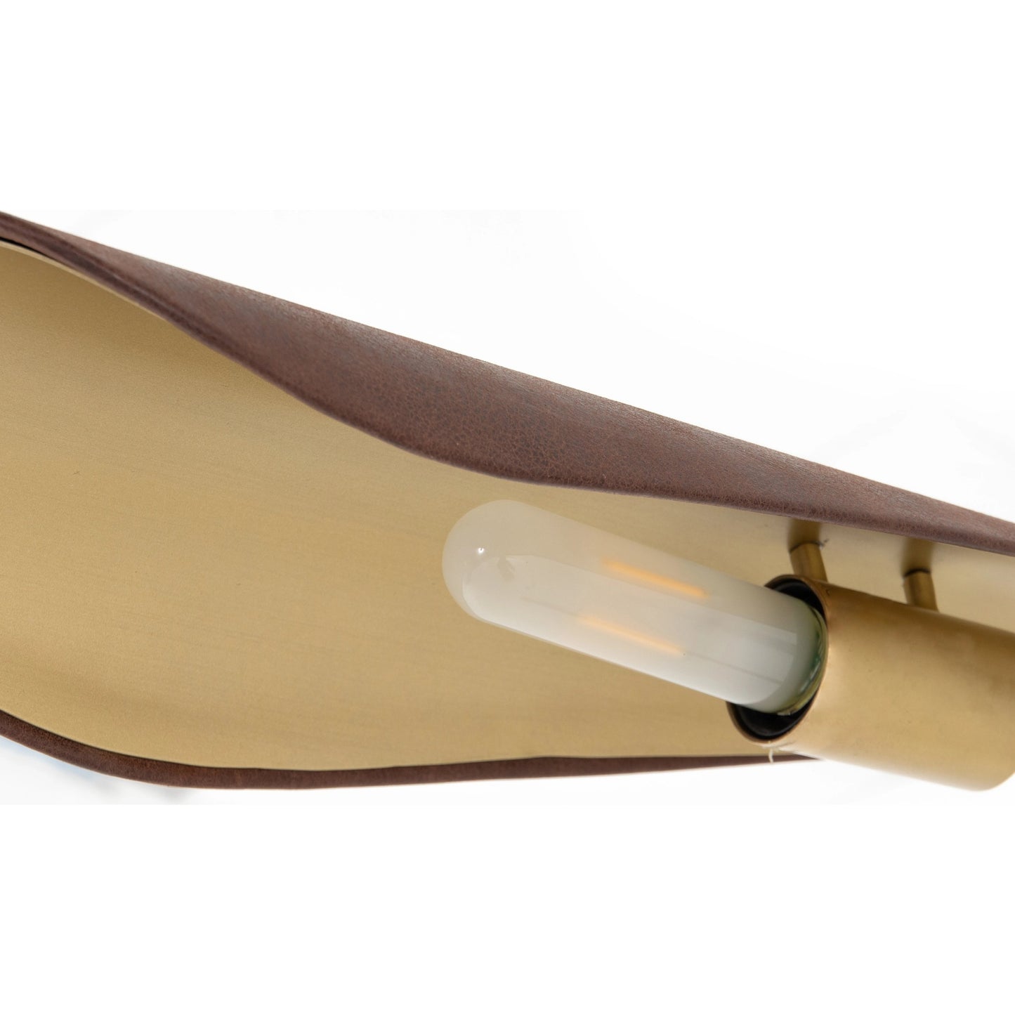 010 SI-1977055 | Closeup | Astrid Floor Lamp by Four Hands in antique brass, dark walnut, dark brown leather. Made from walnut veneer, top grain leather, iron in a modern style.