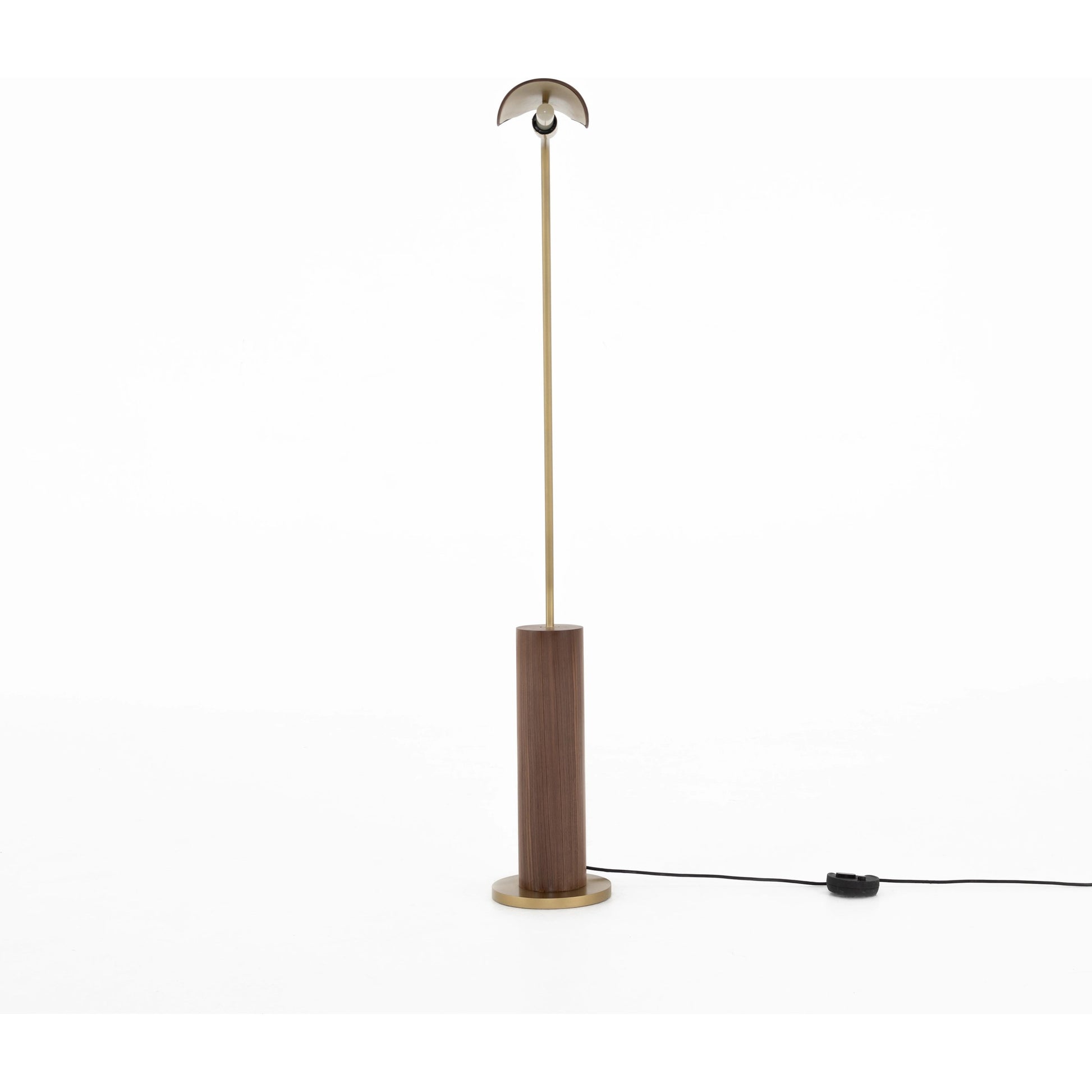 Astrid Floor Lamp by Four Hands in antique brass, dark walnut, dark brown leather. Made from walnut veneer, top grain leather, iron in a modern style.
