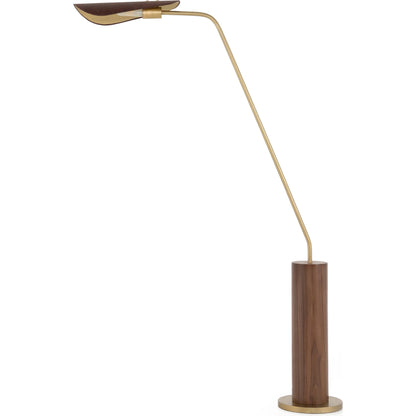 Astrid Floor Lamp by Four Hands in antique brass, dark walnut, dark brown leather. Made from walnut veneer, top grain leather, iron in a modern style.
