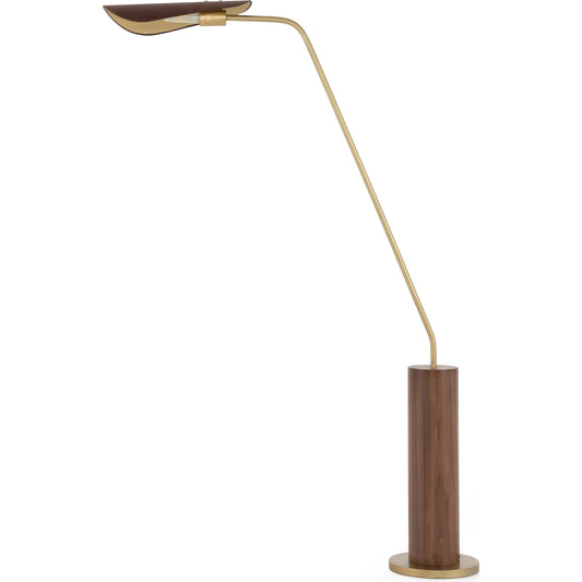 Astrid Floor Lamp by Four Hands in antique brass, dark walnut, dark brown leather. Made from walnut veneer, top grain leather, iron in a modern style.