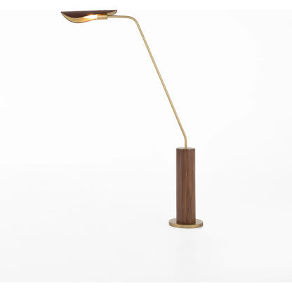 Astrid Floor Lamp by Four Hands in antique brass, dark walnut, dark brown leather. Made from walnut veneer, top grain leather, iron in a modern style.