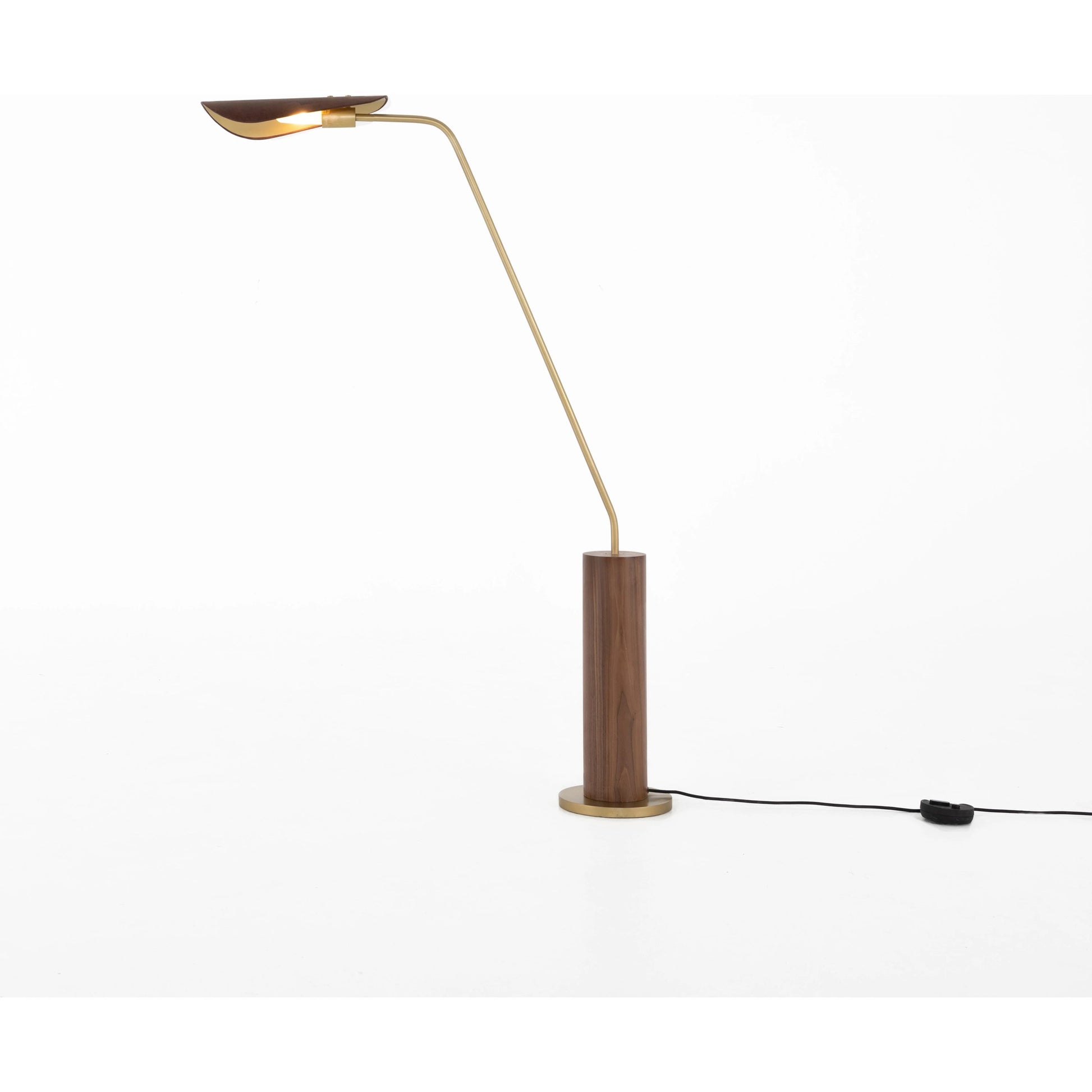 Astrid Floor Lamp by Four Hands in antique brass, dark walnut, dark brown leather. Made from walnut veneer, top grain leather, iron in a modern style.