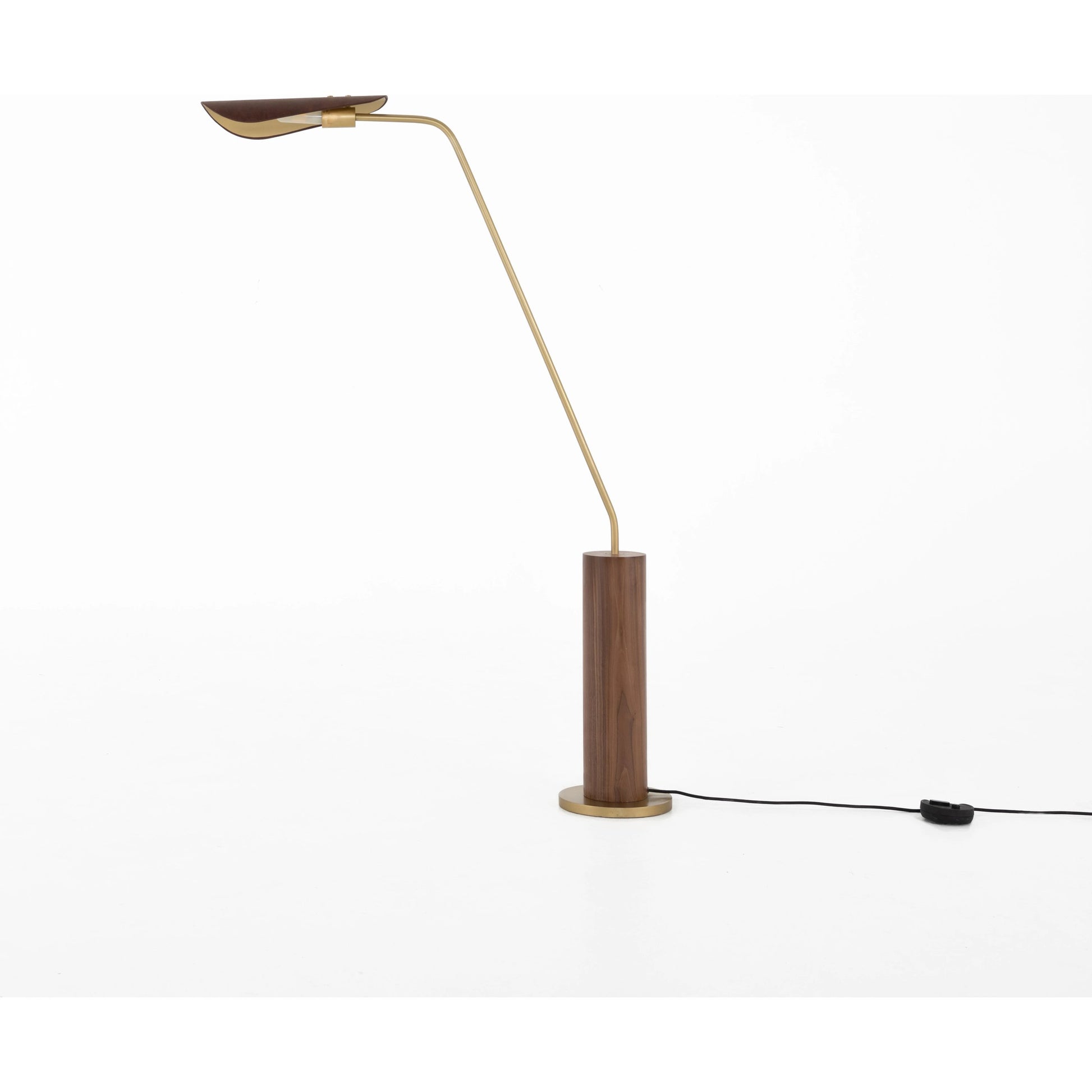Astrid Floor Lamp by Four Hands in antique brass, dark walnut, dark brown leather. Made from walnut veneer, top grain leather, iron in a modern style.