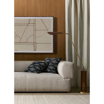 Astrid Floor Lamp by Four Hands in antique brass, dark walnut, dark brown leather. Made from walnut veneer, top grain leather, iron in a modern style.