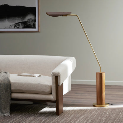 Astrid Floor Lamp by Four Hands in antique brass, dark walnut, dark brown leather. Made from walnut veneer, top grain leather, iron in a modern style.
