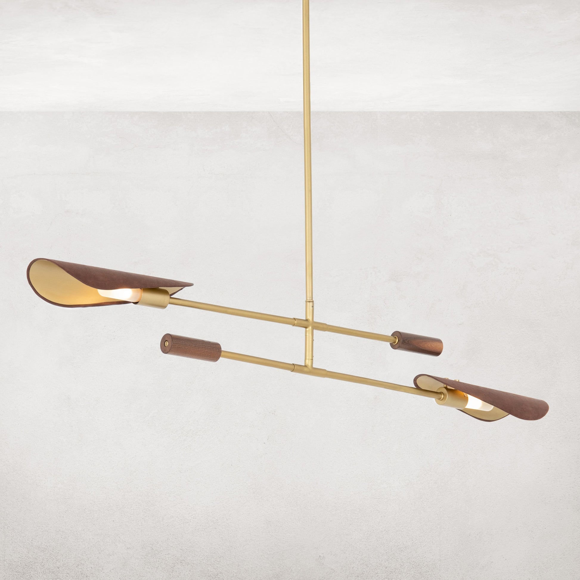 Astrid Double Pendant by Four Hands in dark brown leather, antique brass. Made from top grain leather, solid walnut, iron in a modern style.