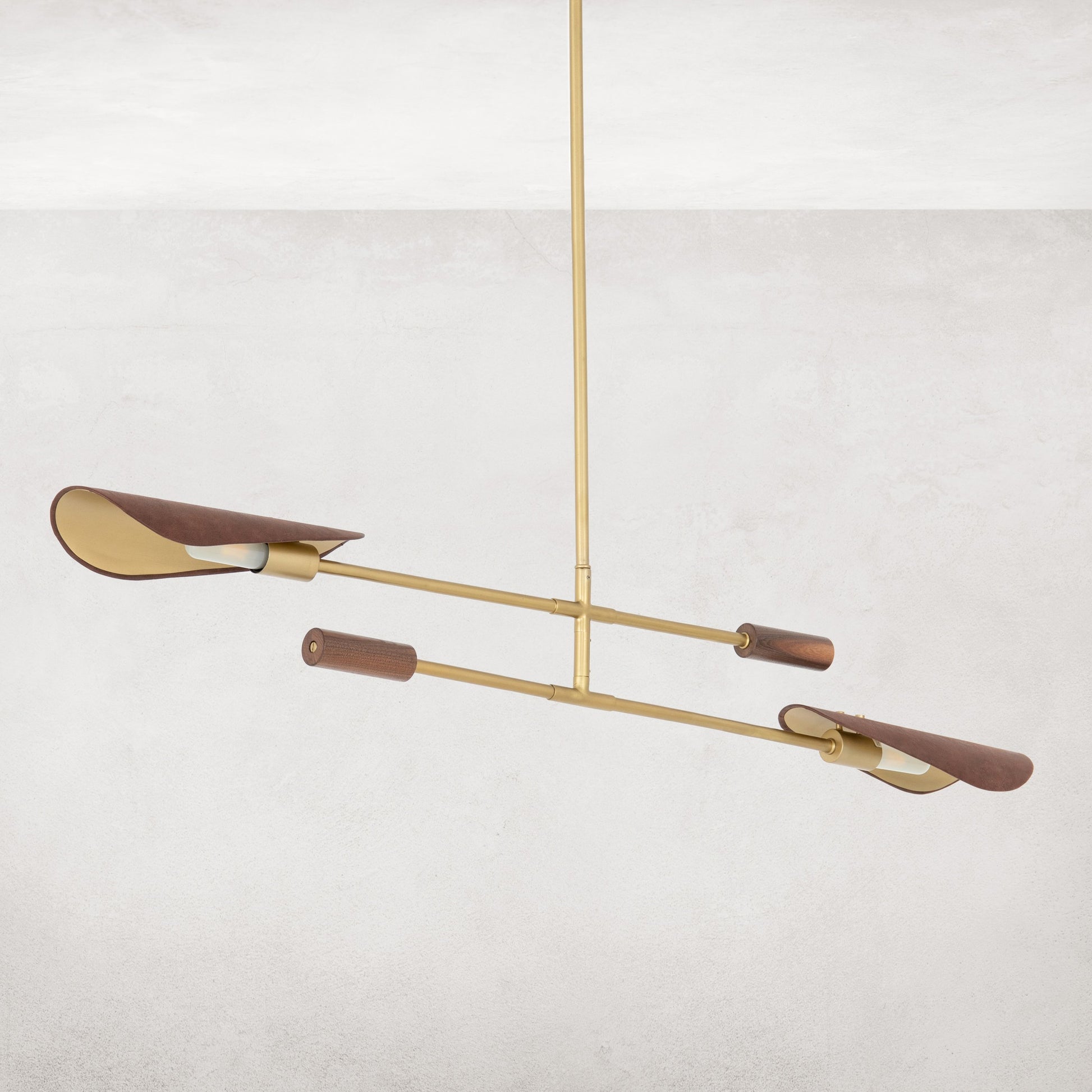 Astrid Double Pendant by Four Hands in dark brown leather, antique brass. Made from top grain leather, solid walnut, iron in a modern style.