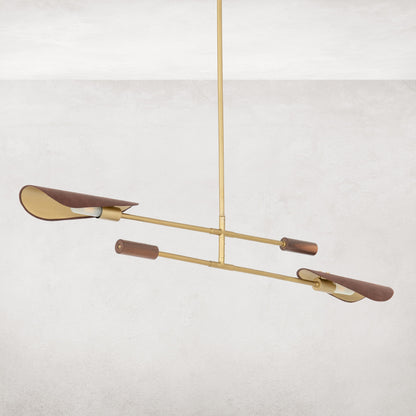 Astrid Double Pendant by Four Hands in dark brown leather, antique brass. Made from top grain leather, solid walnut, iron in a modern style.