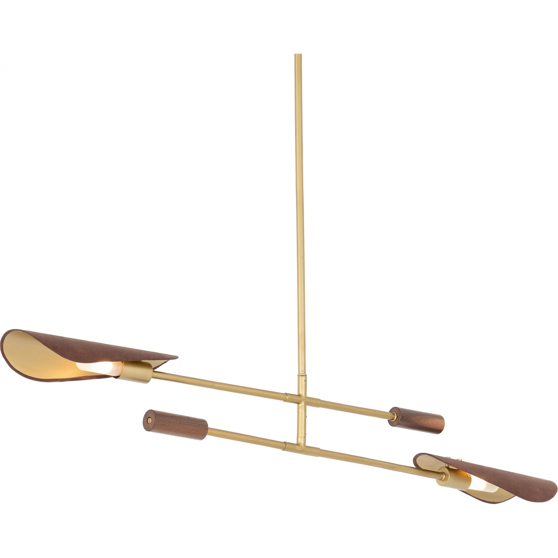 Astrid Double Pendant by Four Hands in dark brown leather, antique brass. Made from top grain leather, solid walnut, iron in a modern style.