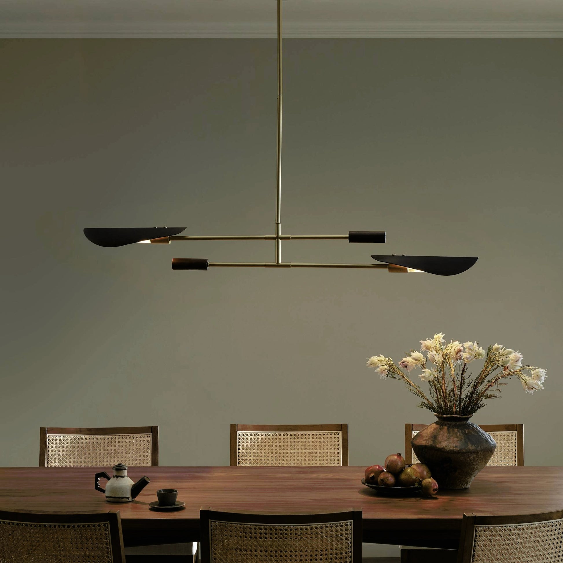 Astrid Double Pendant by Four Hands in dark brown leather, antique brass. Made from top grain leather, solid walnut, iron in a modern style.