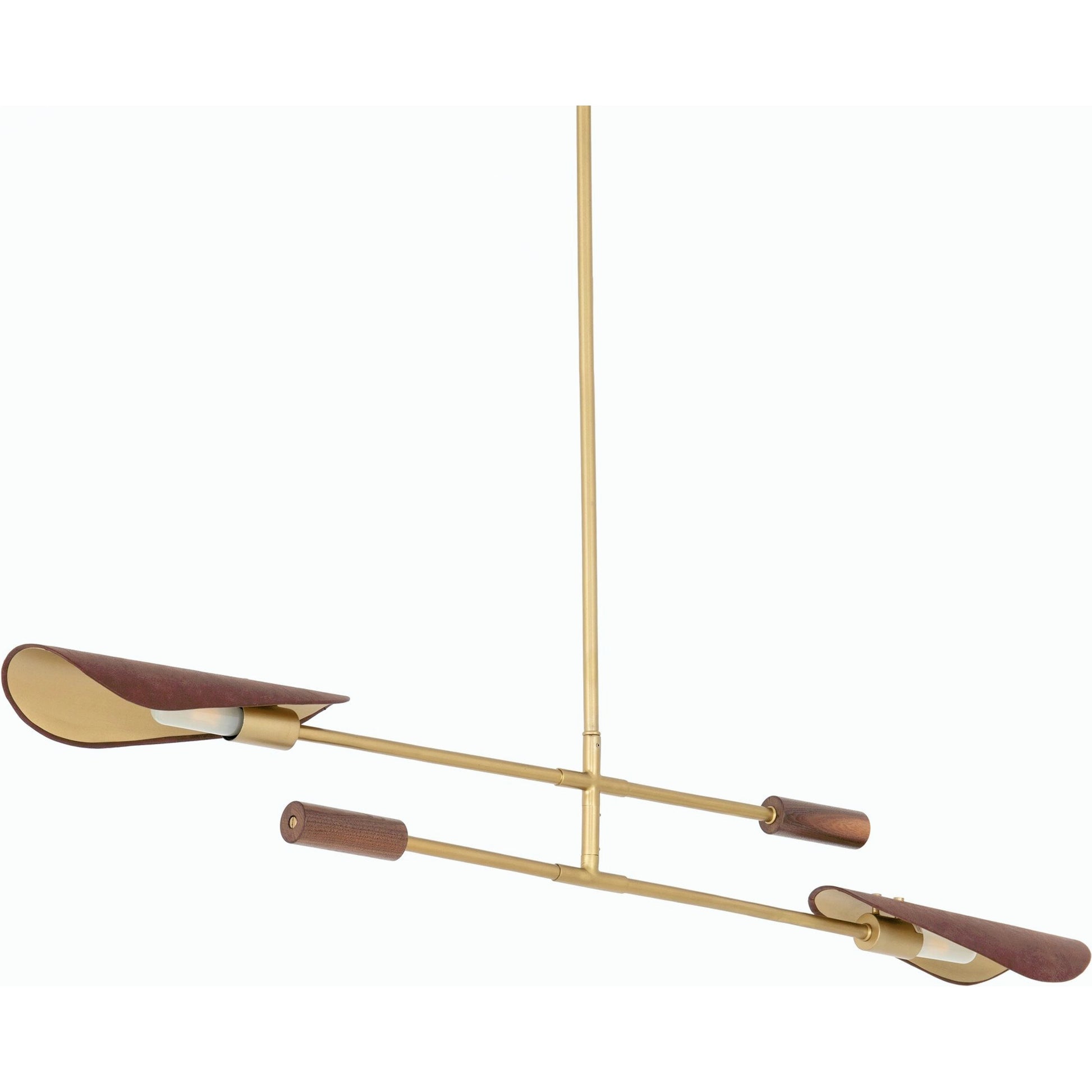 Astrid Double Pendant by Four Hands in dark brown leather, antique brass. Made from top grain leather, solid walnut, iron in a modern style.