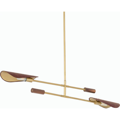 Astrid Double Pendant by Four Hands in dark brown leather, antique brass. Made from top grain leather, solid walnut, iron in a modern style.