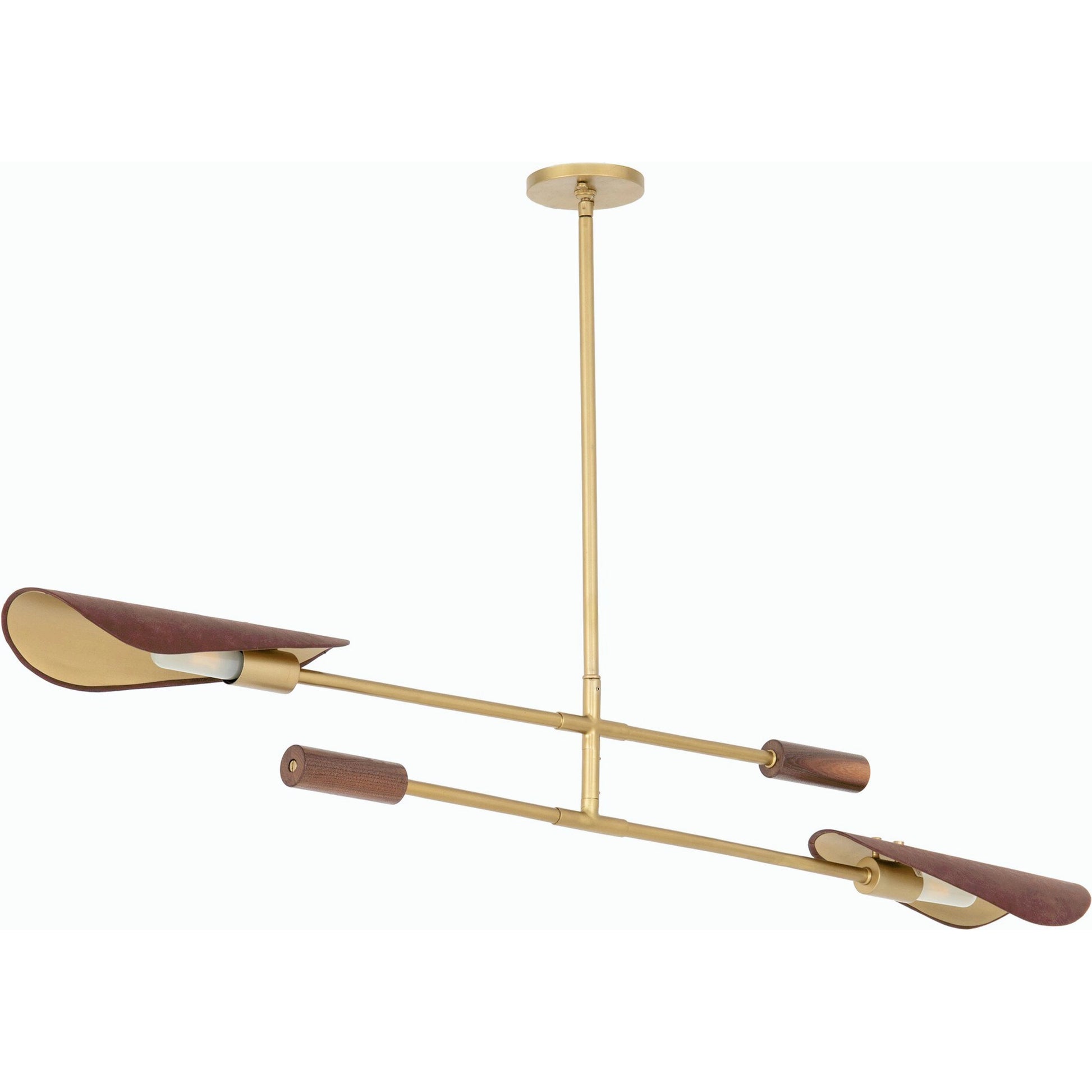 Astrid Double Pendant by Four Hands in dark brown leather, antique brass. Made from top grain leather, solid walnut, iron in a modern style.