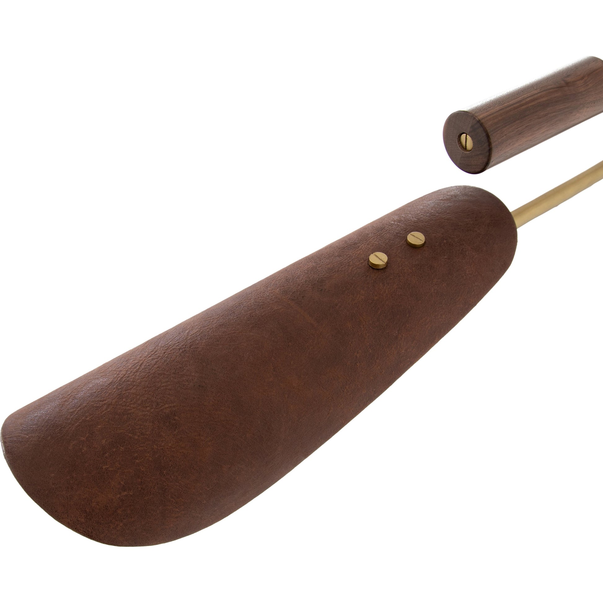 Astrid Double Pendant by Four Hands in dark brown leather, antique brass. Made from top grain leather, solid walnut, iron in a modern style.