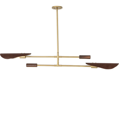 Astrid Double Pendant by Four Hands in dark brown leather, antique brass. Made from top grain leather, solid walnut, iron in a modern style.