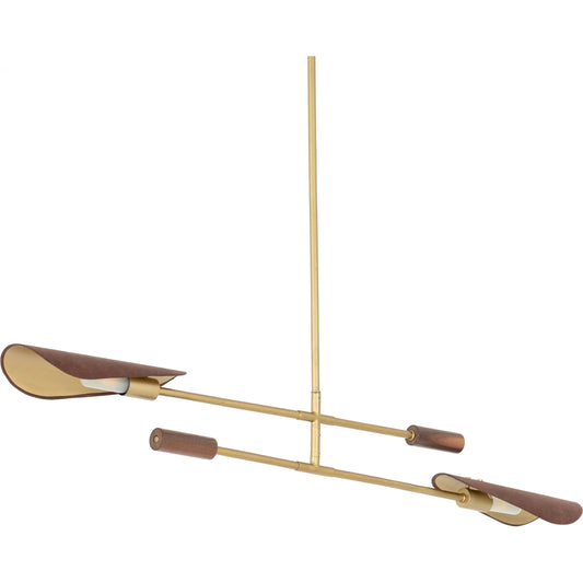 Astrid Double Pendant by Four Hands in dark brown leather, antique brass. Made from top grain leather, solid walnut, iron in a modern style.