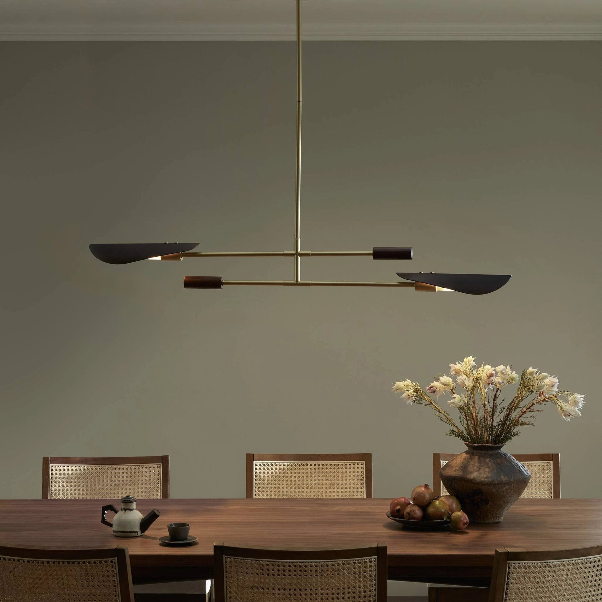 Astrid Double Pendant by Four Hands in dark brown leather, antique brass. Made from top grain leather, solid walnut, iron in a modern style.